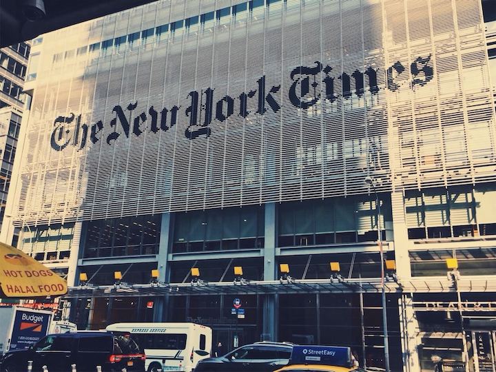 A picture of the front of The New York Times offices.