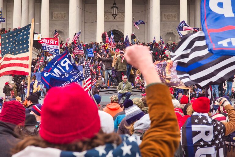A person in a red hat holds their fist high in the foreground as people carrying Trump and American flags storm the capitol steps in Washington, D.C. on January 6, 2021.
